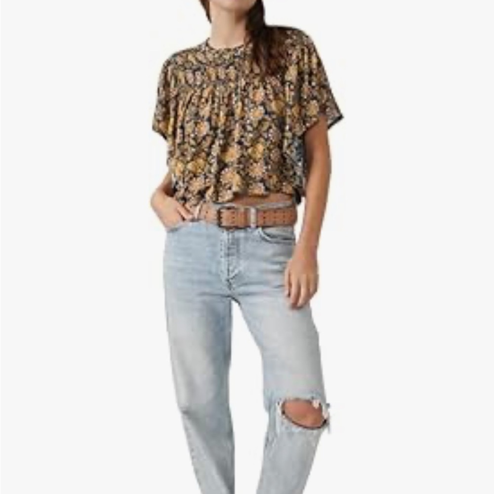 Free People navy and Yellow Printed Ruffled Up Top Floral Blouse sz M - Picture 6 of 14